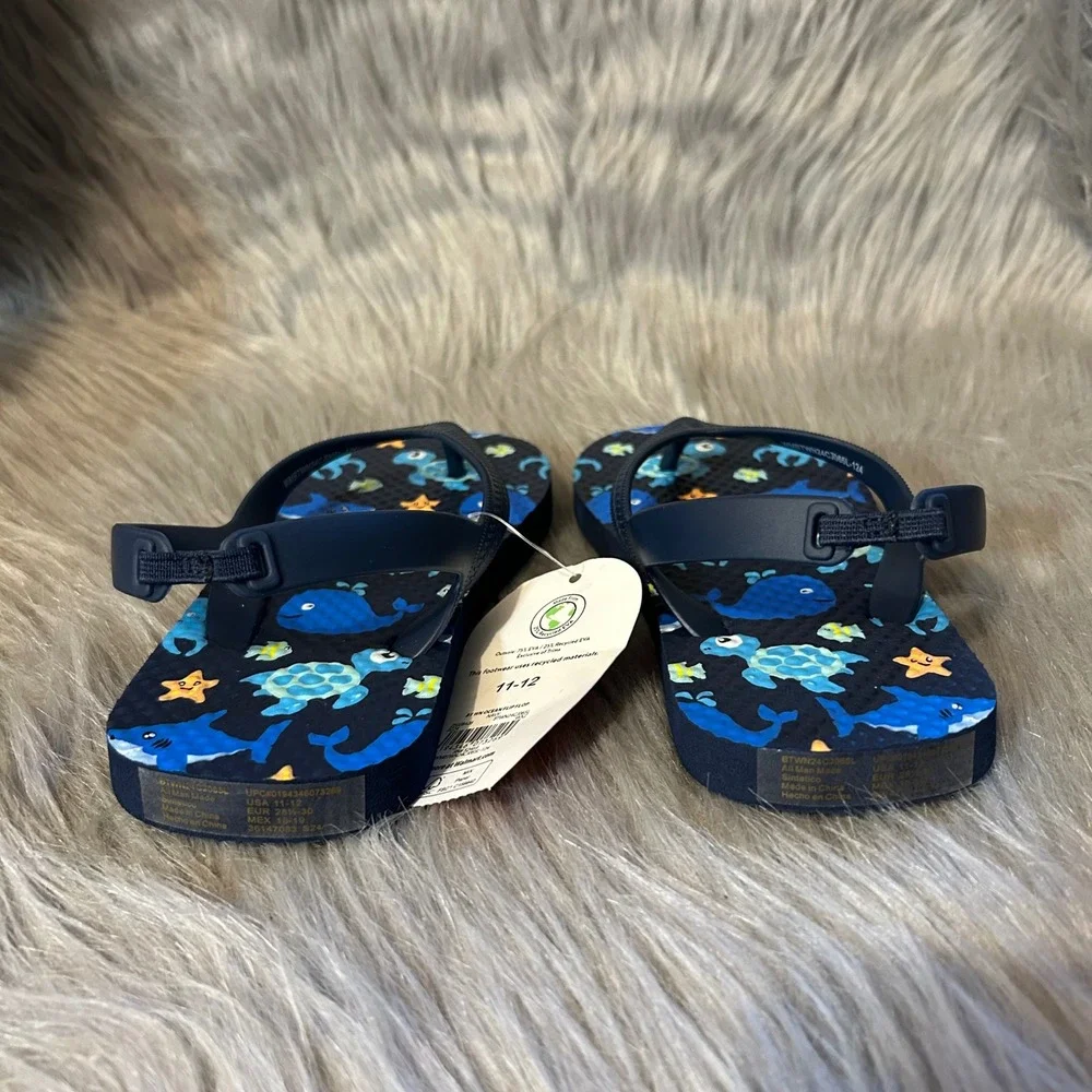 Wonder Nation Flip Flops Toddler Boy Size 11-12 Blue Ocean Animals Sandals Shoes